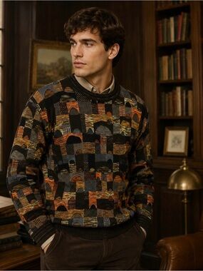 Montechiaro Made in Italy Merino Wool Abstract Patchwork 3D Knit Sweater M 50